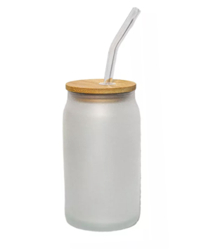 Frasco personalizado de vidrio satinado 450 ml con tapa de bambú y bombilla