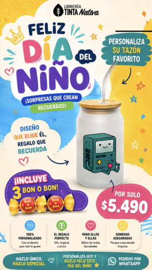 Frasco personalizado de vidrio satinado 450 ml con tapa de bambú y bombilla